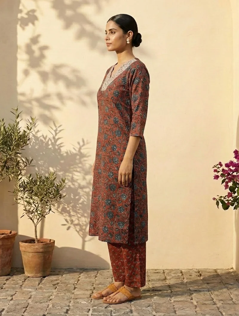 trueBrowns  trueBrowns Rust Floral Print Embroidered V-Neck Kurta Pant Dupatta Set  | Best Price UAE